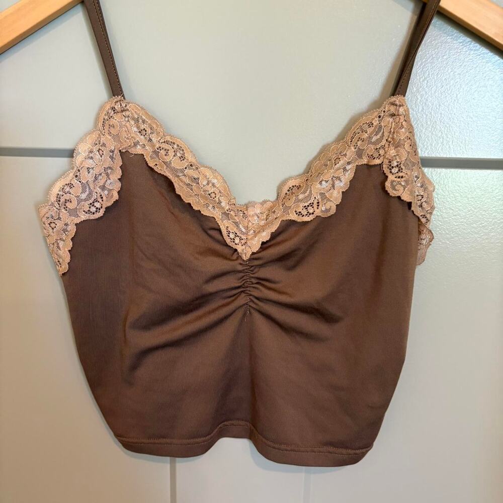 Brown SHEIN Cropped Tank With Beige Lace Detail-Size Small